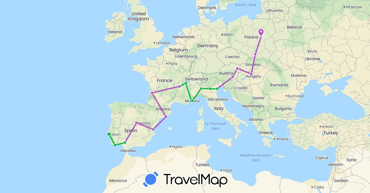 TravelMap itinerary: driving, bus, train in Austria, Switzerland, Spain, France, Hungary, Italy, Monaco, Poland, Portugal (Europe)